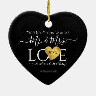 Wedding Black Gold Heart Christmas Name Mr Mrs Ceramic Ornament