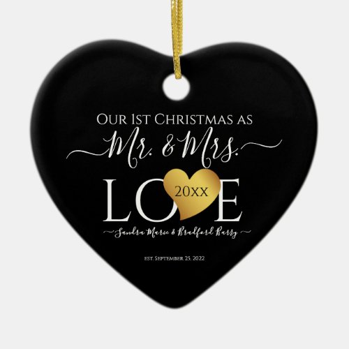 Wedding Black Gold Heart Christmas Name Mr  Mrs Ceramic Ornament