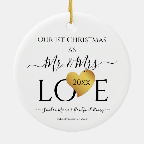 Wedding Black Gold Heart christmas Name Mr  Mrs Ceramic Ornament