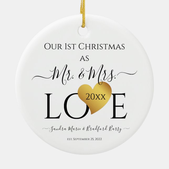 Wedding Black Gold Heart christmas Name Mr  Mrs Ceramic Ornament (Back)