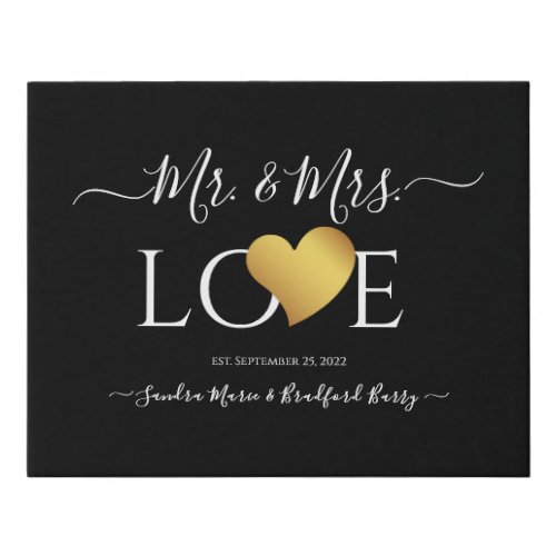 Wedding Black Gold Heart Script Name Mr and Mrs Faux Canvas Print
