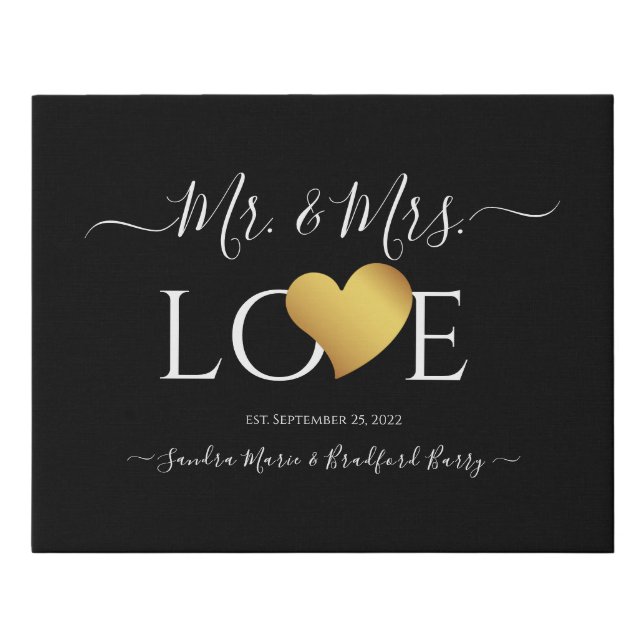 Wedding Black Gold Heart Script Name Mr. and Mrs. Faux Canvas Print (Front)
