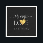 Wedding Black Gold Heart Script Name Mr. and Mrs.  Napkins<br><div class="desc">Faux Canvas Print | Black Gold Heart Script Name Mr. and Mrs. design Faux Gold heart White script Mr. and Mrs. Monogram names Wedding Personalized Wedding napkins with white Script Gold Heart Name Mr. and Mrs. wedding| anniversary keepsake Elegant, personalized, you can change the background color (printed photo effect faux...</div>