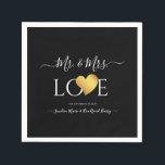 Wedding Black Gold Heart Script Name Mr. and Mrs.  Napkins<br><div class="desc">Faux Canvas Print | Black Gold Heart Script Name Mr. and Mrs. design Faux Gold heart White script Mr. and Mrs. Monogram names Wedding Personalized Wedding napkins with white Script Gold Heart Name Mr. and Mrs. wedding| anniversary keepsake Elegant, personalized, you can change the background color (printed photo effect faux...</div>