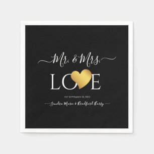 Wedding Black Gold Heart Script Name Mr. and Mrs. Napkins
