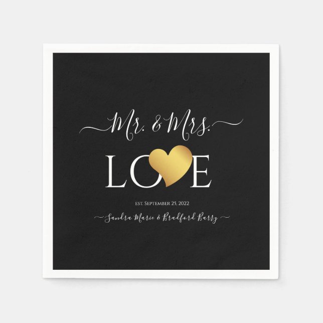 Wedding Black Gold Heart Script Name Mr. and Mrs.  Napkins (Front)