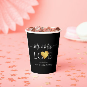 Wedding Black Gold Heart Script Name Mr. and Mrs Paper Cups