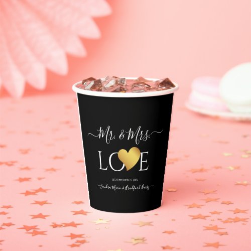 Wedding Black Gold Heart Script Name Mr and Mrs  Paper Cups