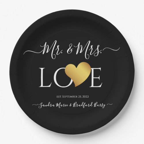 Wedding Black Gold Heart Script Name Mr and Mrs Paper Plates