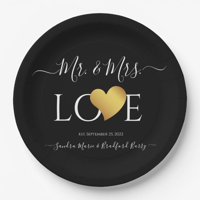 Wedding Black Gold Heart Script Name Mr. and Mrs Paper Plates (Front)