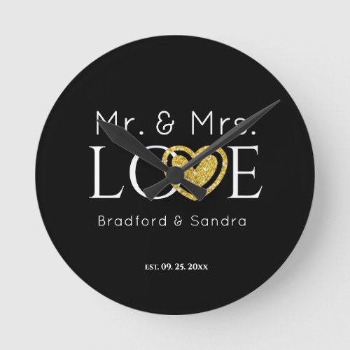 Wedding Black Gold Heart Script Name Mr and Mrs  Round Clock