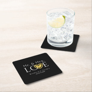 Wedding Black Gold Heart Script Name Mr. and Mrs. Square Paper Coaster