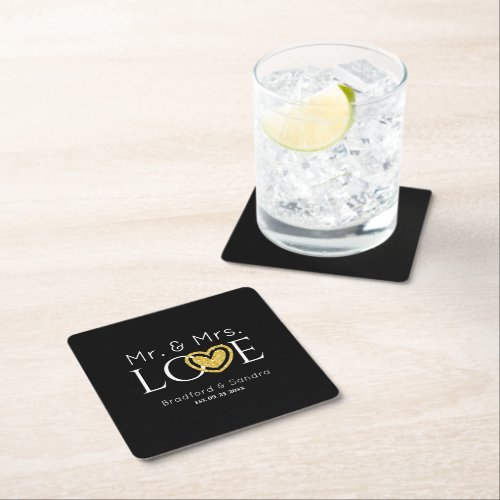 Wedding Black Gold Heart Script Name Mr and Mrs  Square Paper Coaster