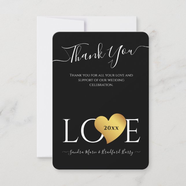 Wedding Black Gold Heart Script Name Mr. and Mrs.  Thank You Card (Front)