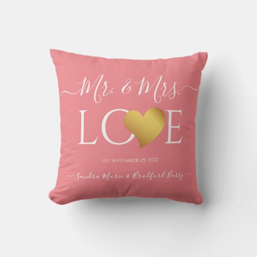 Wedding Black Gold Heart Script Name Mr and Mrs  Throw Pillow