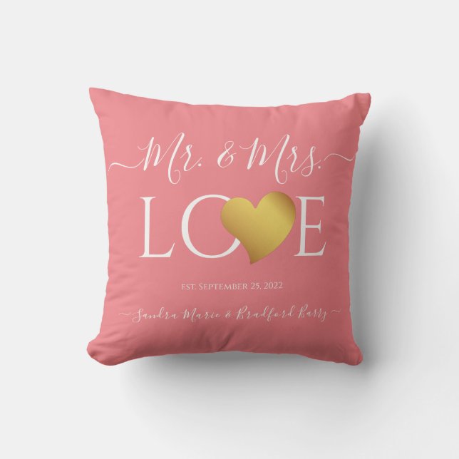 Wedding Black Gold Heart Script Name Mr. and Mrs.  Throw Pillow (Front)
