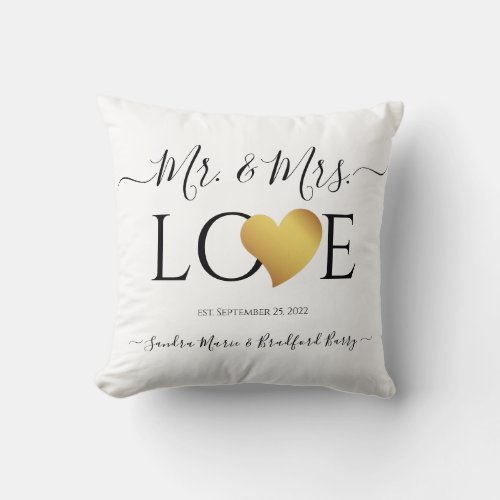 Wedding Black Gold Heart Script Name Mr and Mrs  Throw Pillow