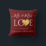 Wedding Black Gold Heart Script Name Mr. and Mrs.  Throw Pillow<br><div class="desc">Wedding Black Gold Heart Script Name Mr. and Mrs. keepsake pillow Faux Gold heart White script Mr. and Mrs. Monogram names Wedding Throw Pillow Personalized Wedding keepsake black pillow with white Script Gold Heart Name Mr. and Mrs. wedding Pillow Classy, personalized, you can change the background color (printed photo effect...</div>