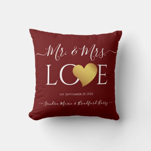 Wedding Black Gold Heart Script Name Mr and Mrs  Throw Pillow