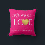 Wedding Black Gold Heart Script Name Mr. and Mrs.  Throw Pillow<br><div class="desc">Wedding Pink Gold Heart Script Name Mr. and Mrs. keepsake pillow Faux Gold heart White script Mr. and Mrs. Monogram names Wedding Throw Pillow Personalized Wedding keepsake black pillow with white Script Gold Heart Name Mr. and Mrs. wedding Pillow Classy, personalized, you can change the background color (printed photo effect...</div>