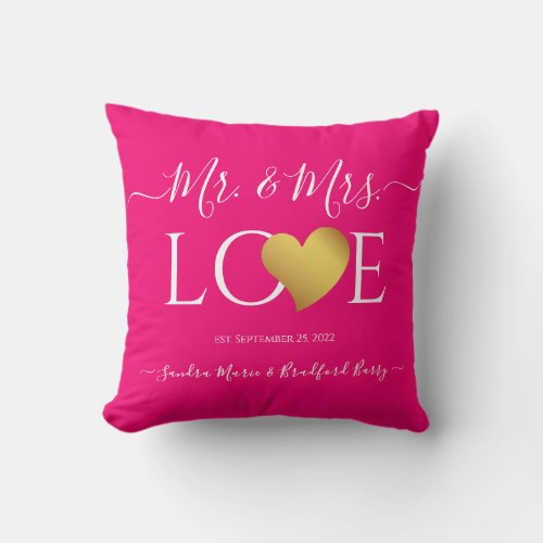 Wedding Black Gold Heart Script Name Mr and Mrs  Throw Pillow