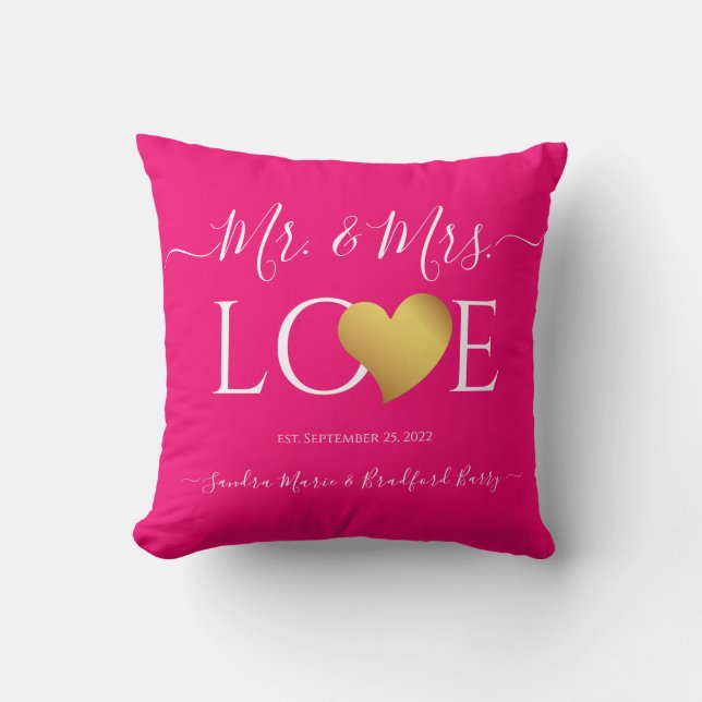 Wedding Black Gold Heart Script Name Mr. and Mrs.  Throw Pillow (Front)