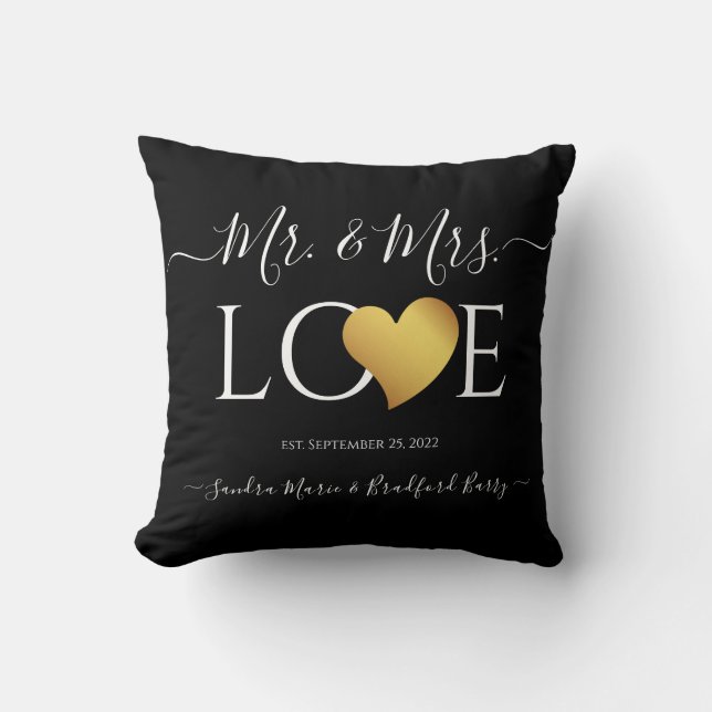 Wedding Black Gold Heart Script Name Mr. and Mrs. Throw Pillow (Front)