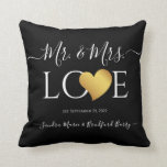 Wedding Black Gold Heart Script Name Mr. and Mrs. Throw Pillow<br><div class="desc">Wedding Black Gold Heart Script Name Mr. and Mrs. keepsake pillow Faux Gold heart White script Mr. and Mrs. Monogram names Wedding Throw Pillow Personalized Wedding keepsake black pillow with white Script Gold Heart Name Mr. and Mrs. wedding Pillow Classy, personalized, you can change the background color (printed photo effect...</div>