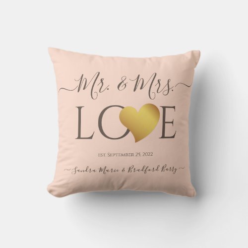 Wedding Black Gold Heart Script Name Mr and Mrs  Throw Pillow