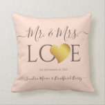 Wedding Black Gold Heart Script Name Mr. and Mrs.  Throw Pillow<br><div class="desc">Blush Pink Wedding Black Gold Heart Script Name Mr. and Mrs. keepsake pillow Faux Gold heart White script Mr. and Mrs. Monogram names Wedding Throw Pillow Personalized Wedding keepsake black pillow with white Script Gold Heart Name Mr. and Mrs. wedding Pillow Classy, personalized, you can change the background color (printed...</div>