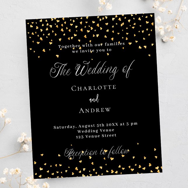 Wedding black gold hearts chic budget invitation (Creator Uploaded)