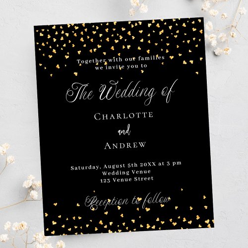 Wedding black gold hearts chic budget invitation flyer