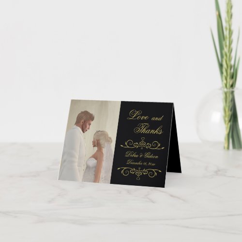 Wedding Black Gold Love and Thanks Photo Thank You Card