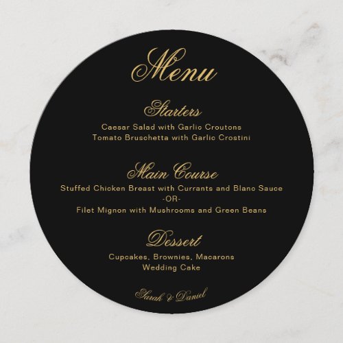 Wedding Black Gold Simple Calligraphy Script Round Menu