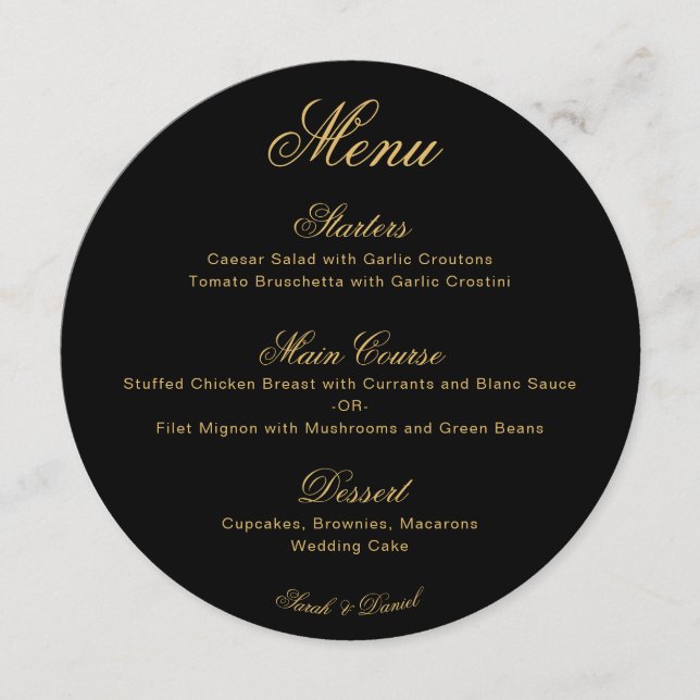 Wedding Black Gold Simple Calligraphy Script Round Menu (Front)