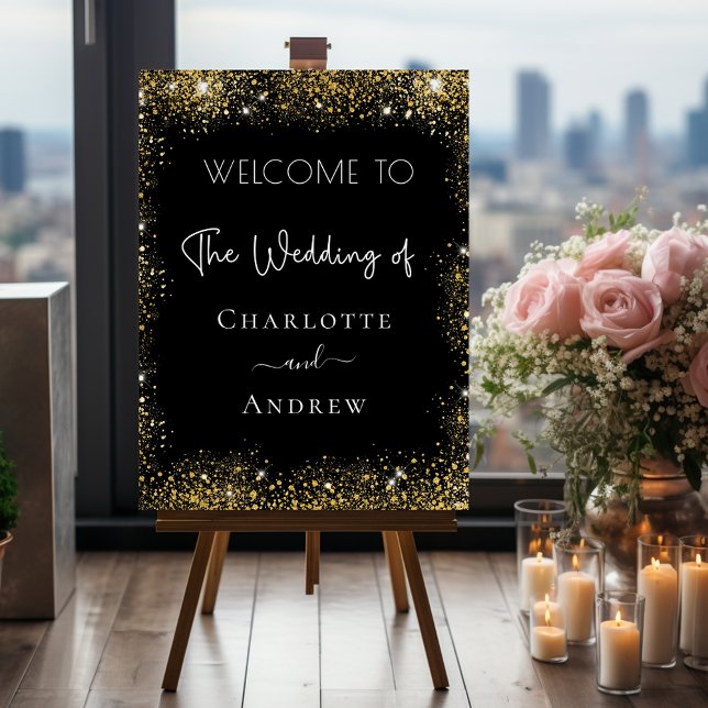 Wedding black gold sparkles welcome foam board (Creator Uploaded)