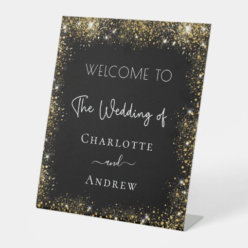Wedding black gold sparkles welcome pedestal sign | Zazzle
