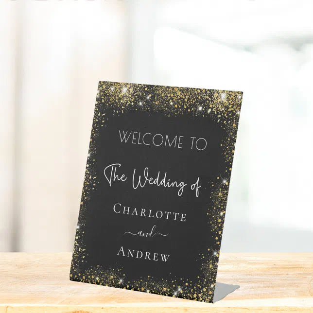 Wedding black gold sparkles welcome pedestal sign | Zazzle