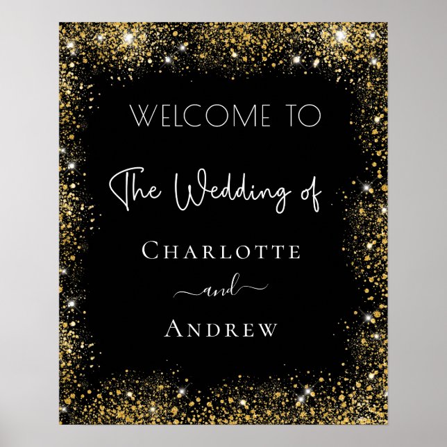 Wedding black gold sparkles welcome poster (Front)