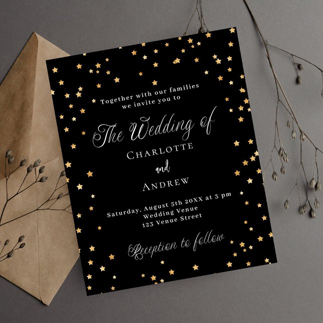 Wedding black gold stars budget invitation flyer (Creator Uploaded)
