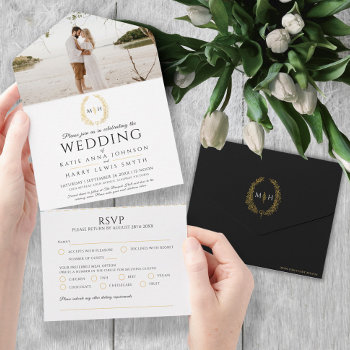 Wedding Black Gold White Oval Leaf Monogram Photo All In One Invitation by mylittleedenweddings at Zazzle