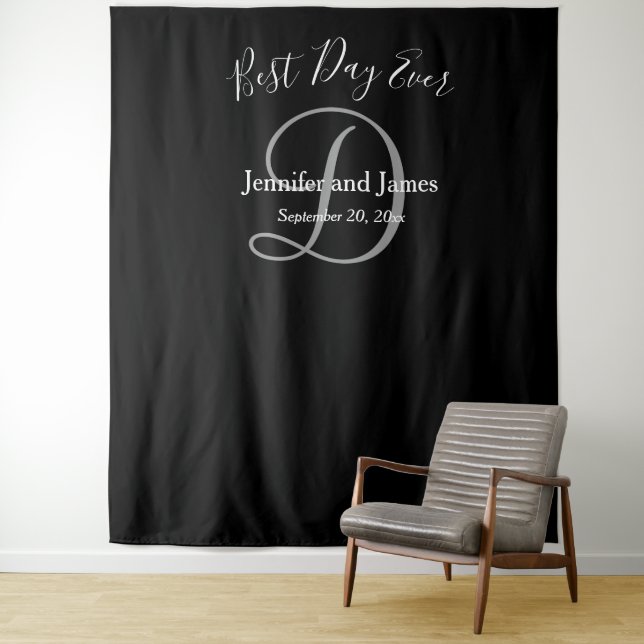 Wedding Black Gray D Monogram Name Photo Booth Tapestry (In Situ)
