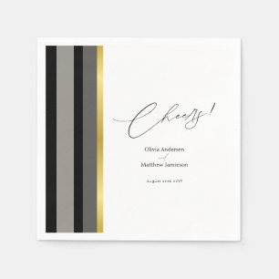 Wedding Black Gray Gold Stripe Cheers Cocktail Napkins