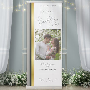 Wedding Black Gray Gold Stripe Photo Welcome Retractable Banner