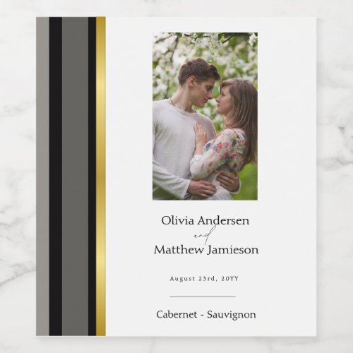 Wedding Black Gray Gold Stripe Photo Wine Label