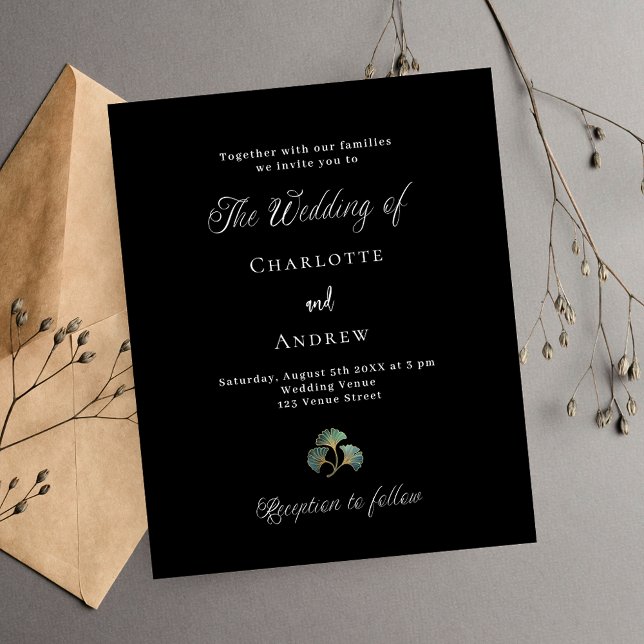 Wedding black greenery ginkgo budget invitation flyer (Creator Uploaded)