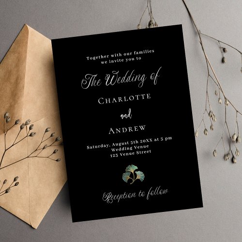 Wedding black greenery ginkgo leaves script luxury invitation