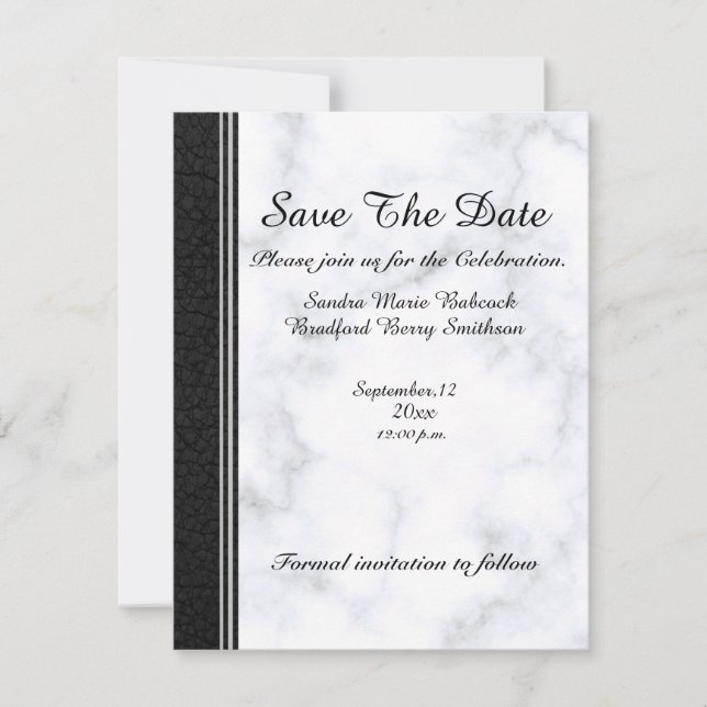 Wedding Black Leather and gray white Marble Save The Date (Front)