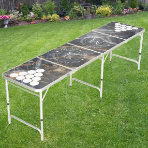 Wedding Black Marble & Gold Stone Name & Initials Beer Pong Table