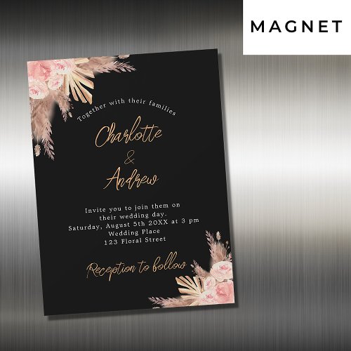 Wedding black pampas grass rose gold floral luxury magnetic invitation